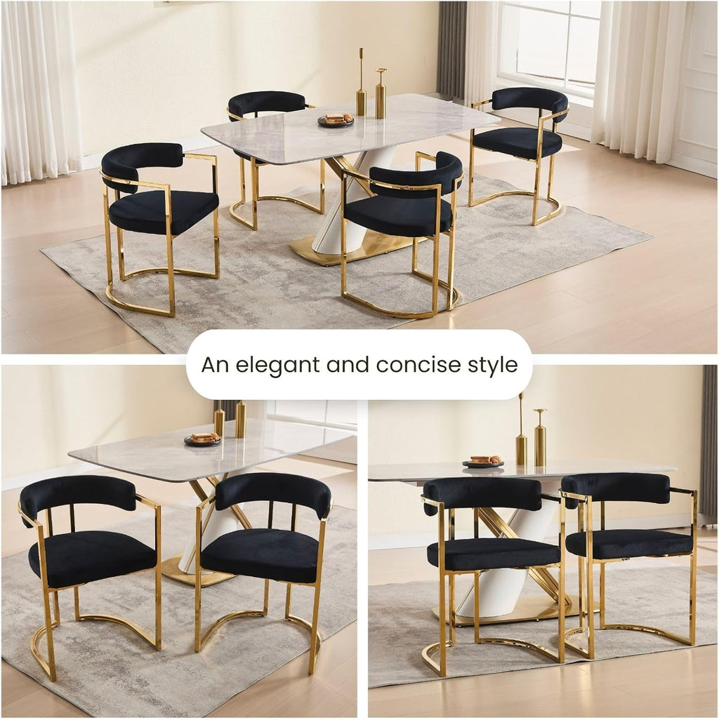Black Velvet Upholstered Dining Chairs Set of 4, Modern Barrel Dining Chair with Gold Legs, Kitchen Chairs Open Back Accent Chairs Arm Side Chair for Living Dining Room/Vanity