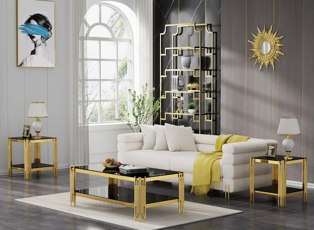 Henf 3-Piece Black Glass Living Room Table Set, 2-Tier Glass Coffee Table & 2 End Tables, Luxury Gold Coffee Table Set of 3 with Shining Golden Frame for Living Room Apartment Office