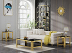 Henf 3-Piece Black Glass Living Room Table Set, 2-Tier Glass Coffee Table & 2 End Tables, Luxury Gold Coffee Table Set of 3 with Shining Golden Frame for Living Room Apartment Office
