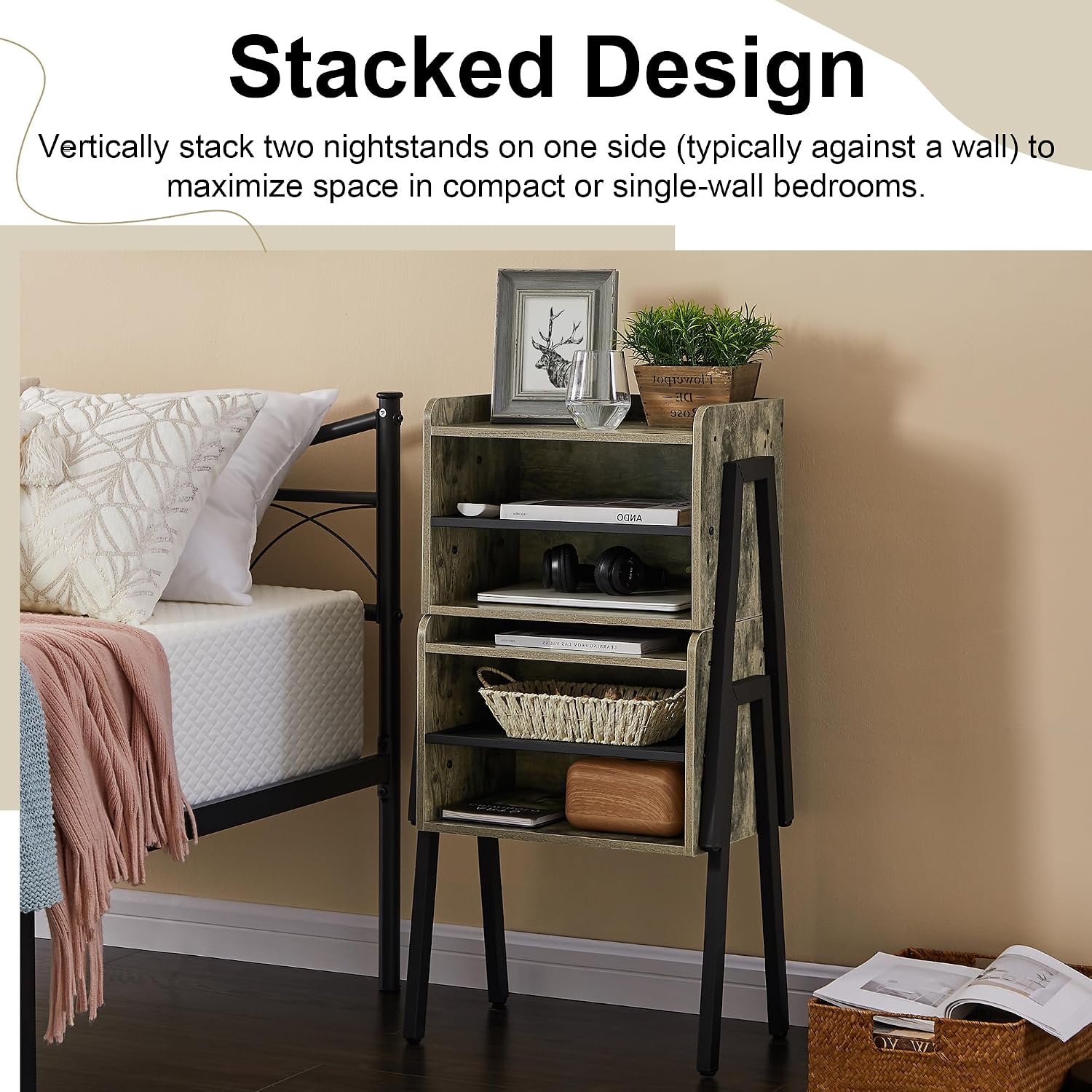 VECELO Nightstand Set of 2,Industrial Side Table End Table,Stackable Accent Table with 2-Tier Open Storage Compartments for Bedroom, Living Room and Small Spaces
