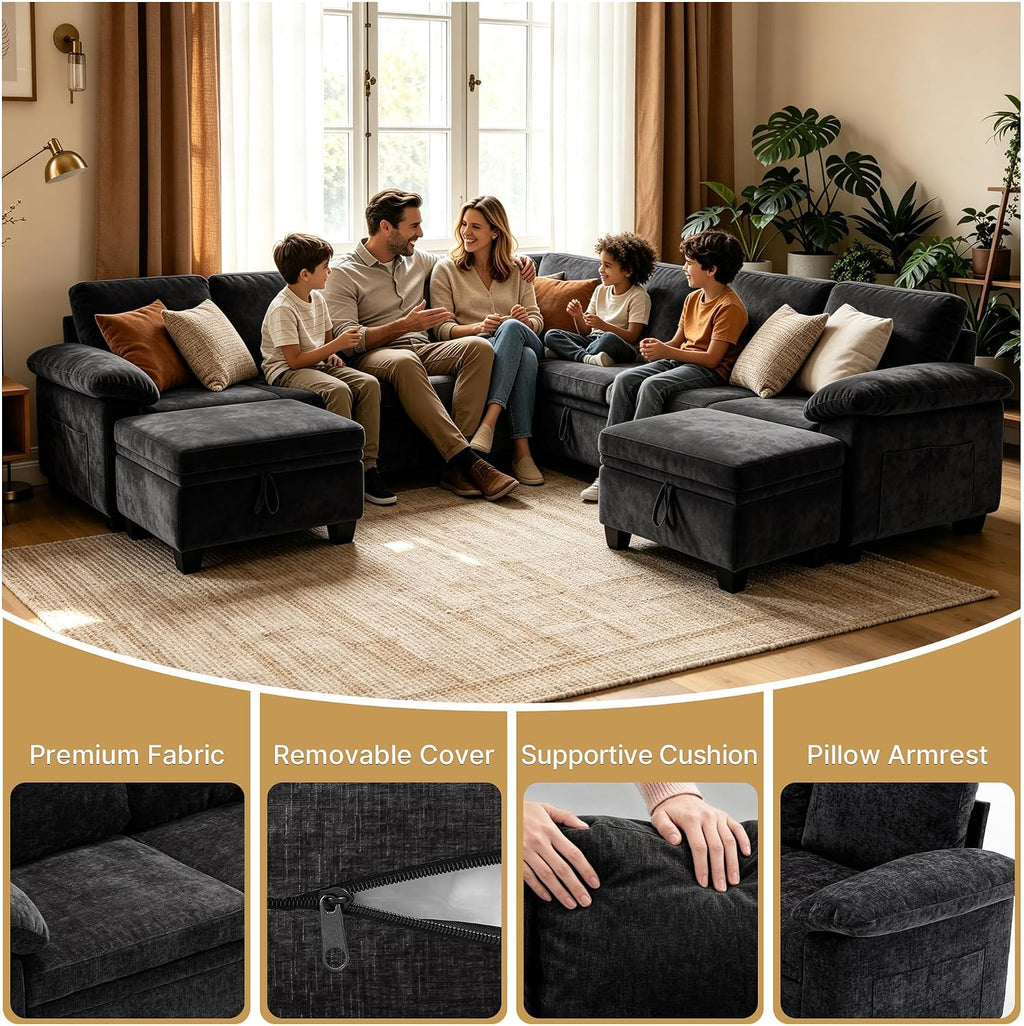 Oversized Sectional Sleeper Couch, 9 Seat Modular Sofa Pull-Out Storage Bed | MastonHome 109" U-Shaped Convertible Cloud Couch with Pillow Armrests, Chenille Fabric for Living Room, Apartment, Black