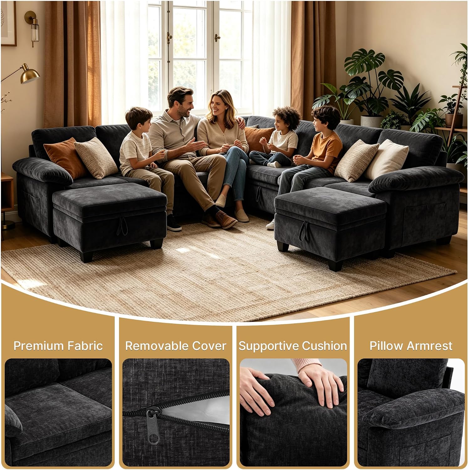 Oversized Sectional Sleeper Couch, 9 Seat Modular Sofa Pull-Out Storage Bed | MastonHome 109" U-Shaped Convertible Cloud Couch with Pillow Armrests, Chenille Fabric for Living Room, Apartment, Black