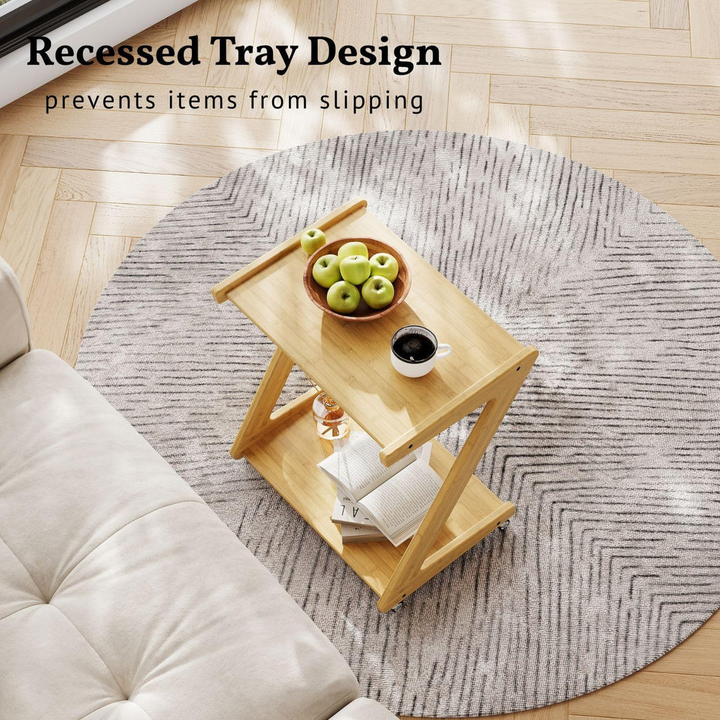 ZIYOO Z-Shaped End Table with Wheels, Natural Bamboo Couch Side Table that Slides Under Sofa/Bed, Mobile Snack Table for Living Room, Bedroom, Small Spaces