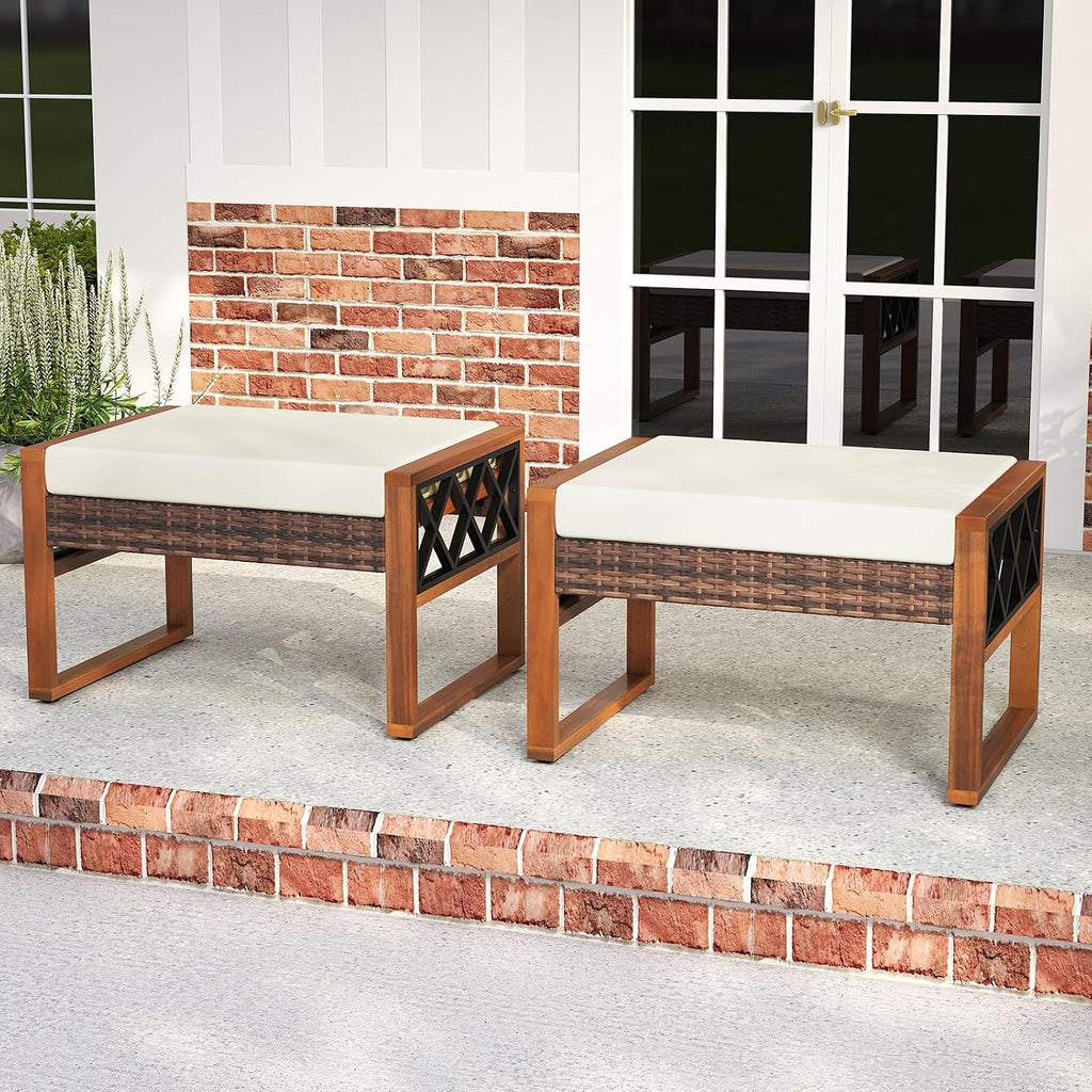 Tangkula Rattan Wicker Outdoor Ottoman Set of 2, Patio 3-in-1 Footstools with Removable Cushions, Additional Seating and Side Tables for Porch, Backyard & Poolside (Off White)