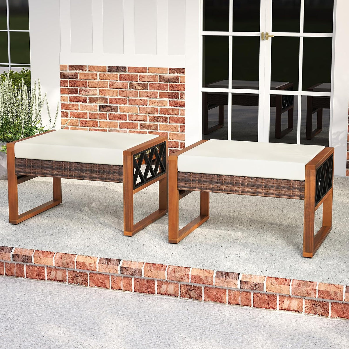 Tangkula Rattan Wicker Outdoor Ottoman Set of 2, Patio 3-in-1 Footstools with Removable Cushions, Additional Seating and Side Tables for Porch, Backyard & Poolside (Off White)