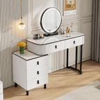 KDCAS Small Makeup Vanity Desk with Mirror and LED Lights | Modern Fluted Vanity Table with Drawers and Reversible Adjustable Side Cabinet (39.37"–51.2") | Space-Saving White Vanity Desk for Bedroom