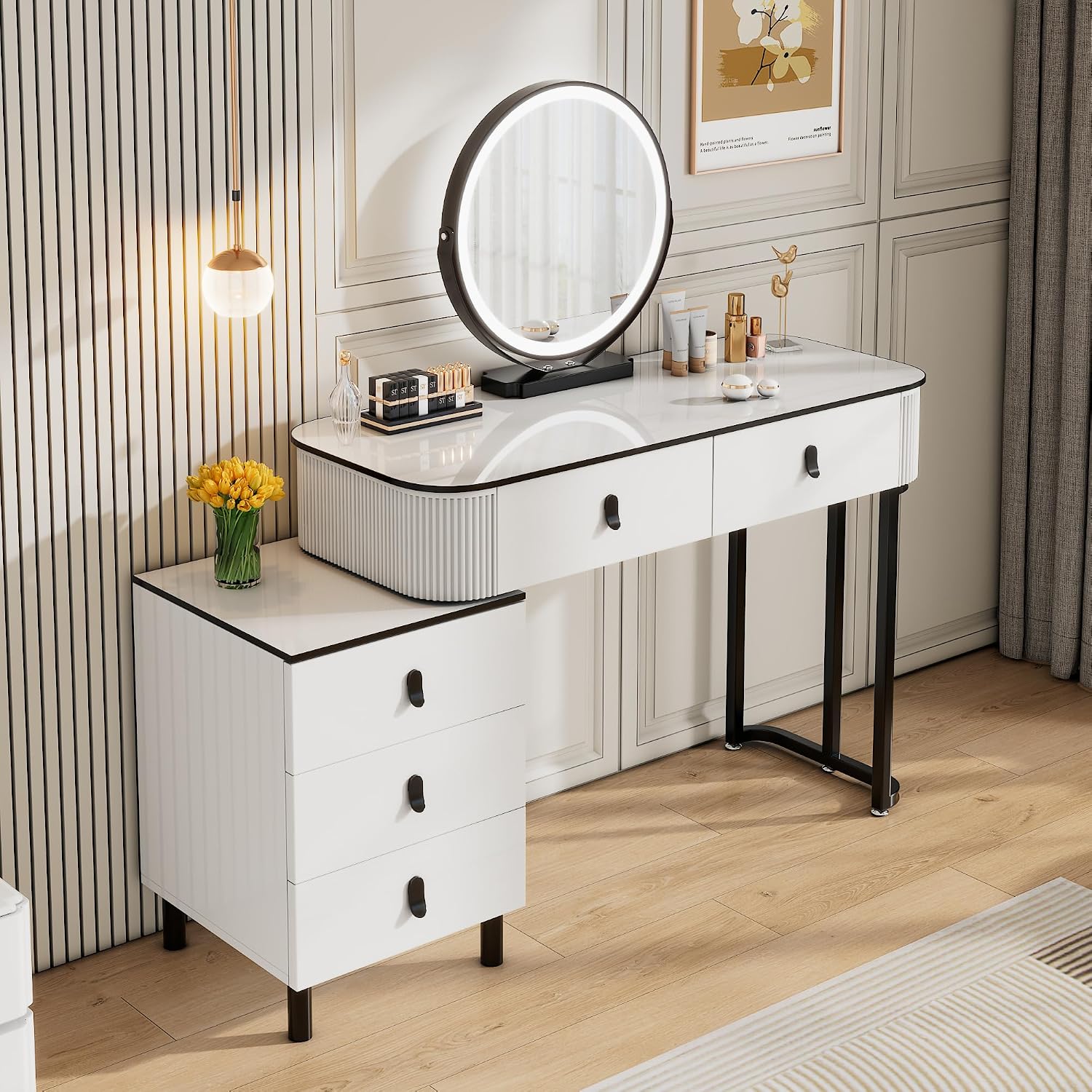 KDCAS Small Makeup Vanity Desk with Mirror and LED Lights | Modern Fluted Vanity Table with Drawers and Reversible Adjustable Side Cabinet (39.37"–51.2") | Space-Saving White Vanity Desk for Bedroom