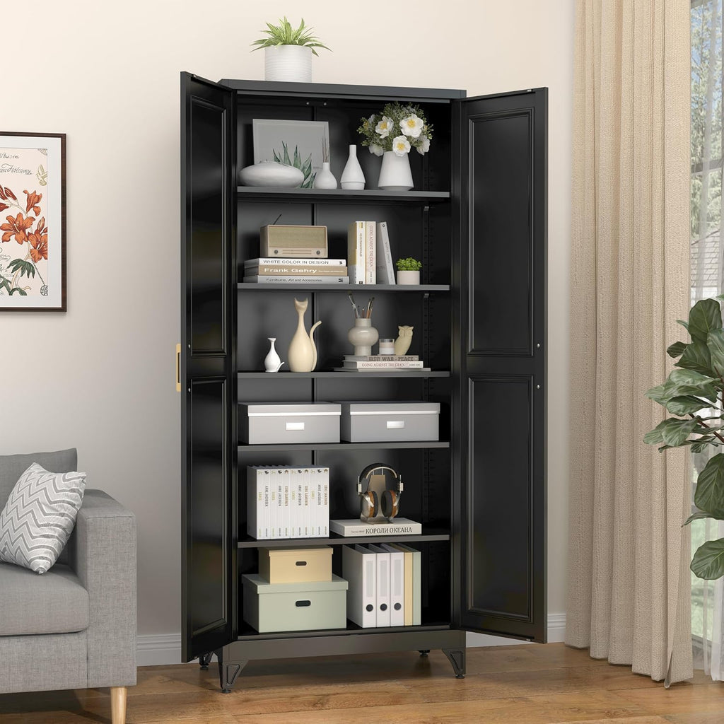 SteeLoong 75”Metal Pantry Storage Cabinet with Doors & 5 Adjustable Shelves | Kitchen Pantry Cabinet,Black Kitchen Cabinet with 2 Gold Handles,Tall Cabinet for Livingroom,Pantry, Bathroom,Kitchen,Garage