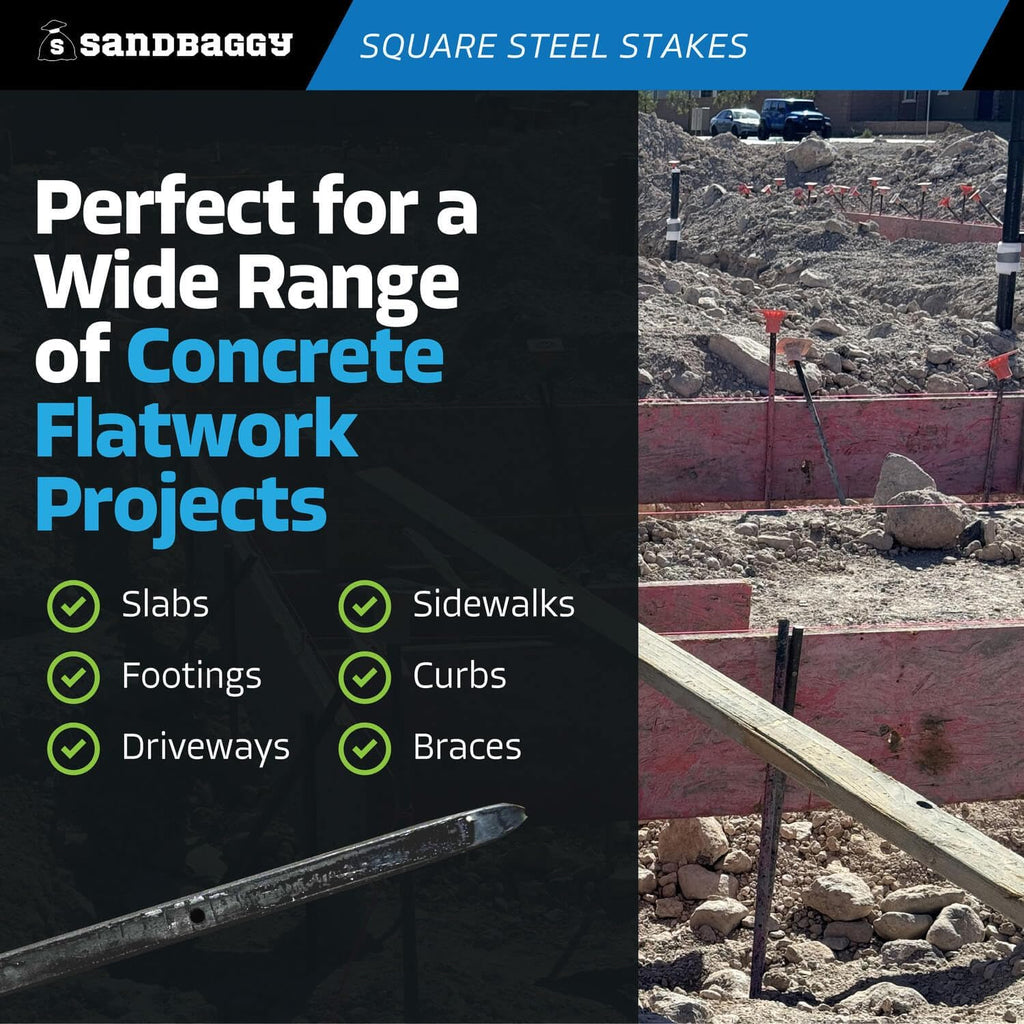 Sandbaggy Square Steel Concrete Form Stakes with Nail Holes - 5/8" Wide - Rust Resistant Coating - Removable, Reusable - Construction Grade Stakes (12 inch, 5)