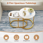 LDAILY Nesting Coffee Table Set with Marble-Look Top, 2-Piece | Golden Steel Frame, Easy Assembly, Accent Stacking Side Table, for Bedroom, Living Room, Apartment