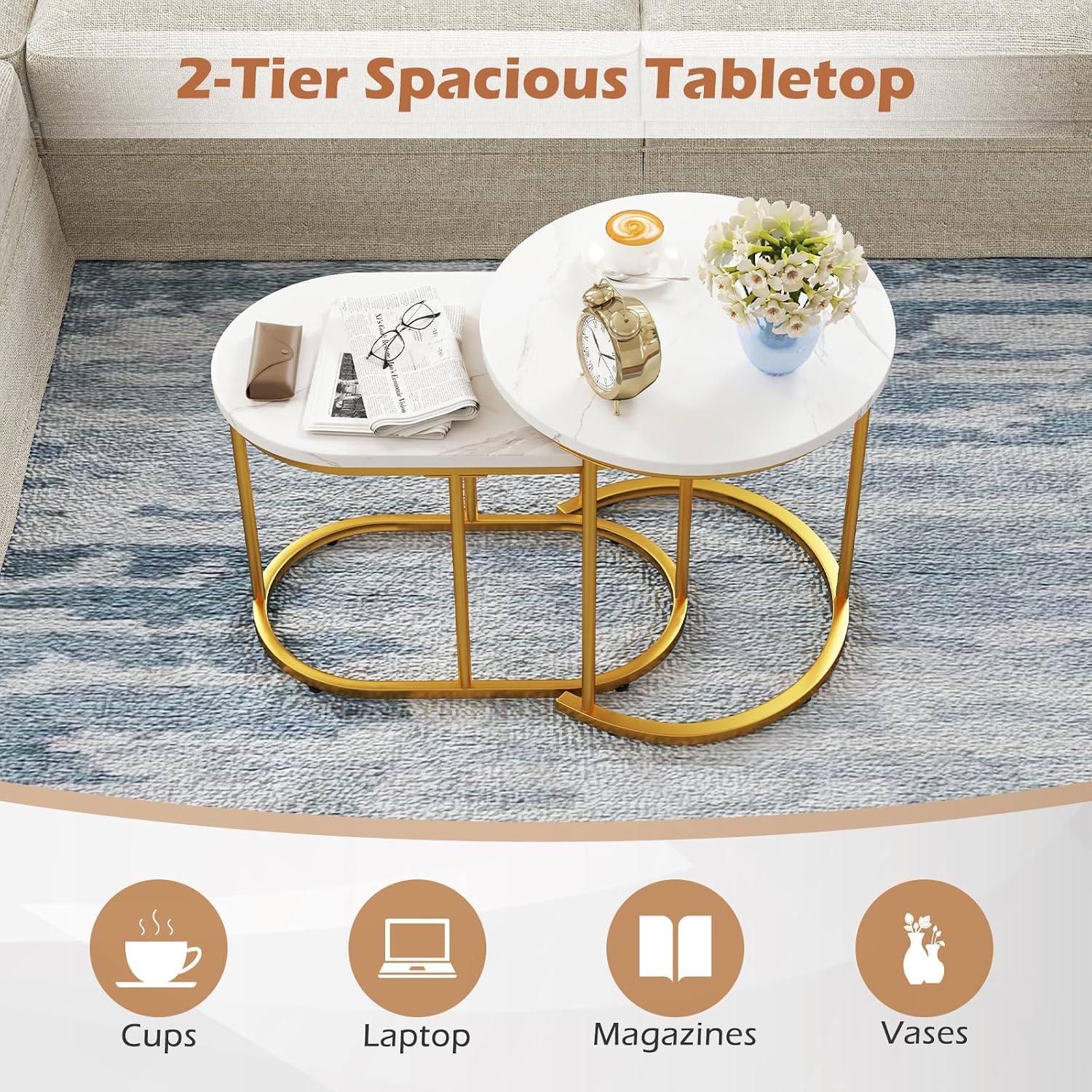 LDAILY Nesting Coffee Table Set with Marble-Look Top, 2-Piece | Golden Steel Frame, Easy Assembly, Accent Stacking Side Table, for Bedroom, Living Room, Apartment