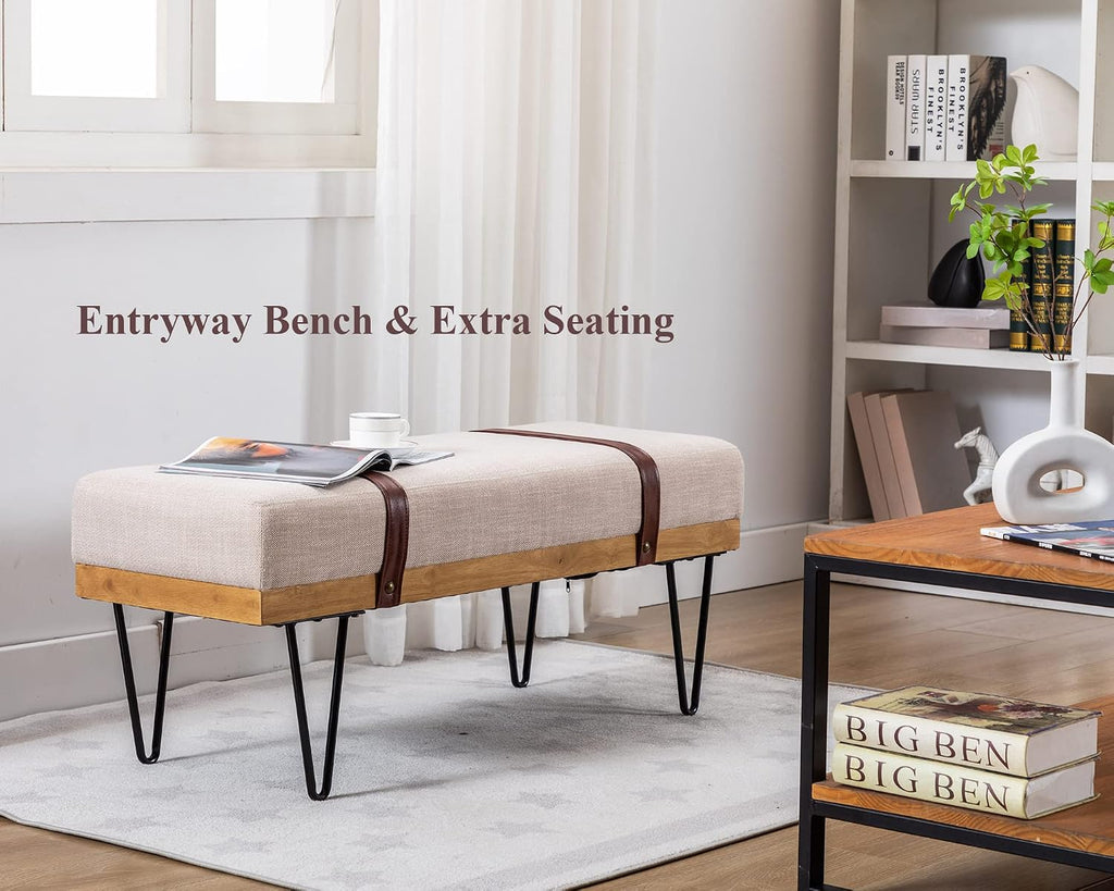 DUOMAY Industrial Modern Linen Rectangle Ottoman Bench with PU Strap and Metal Legs, Mid Century Dining Table Bench Footstool Entryway Shoe Bench for Bedroom Dining Room Living Room, Beige