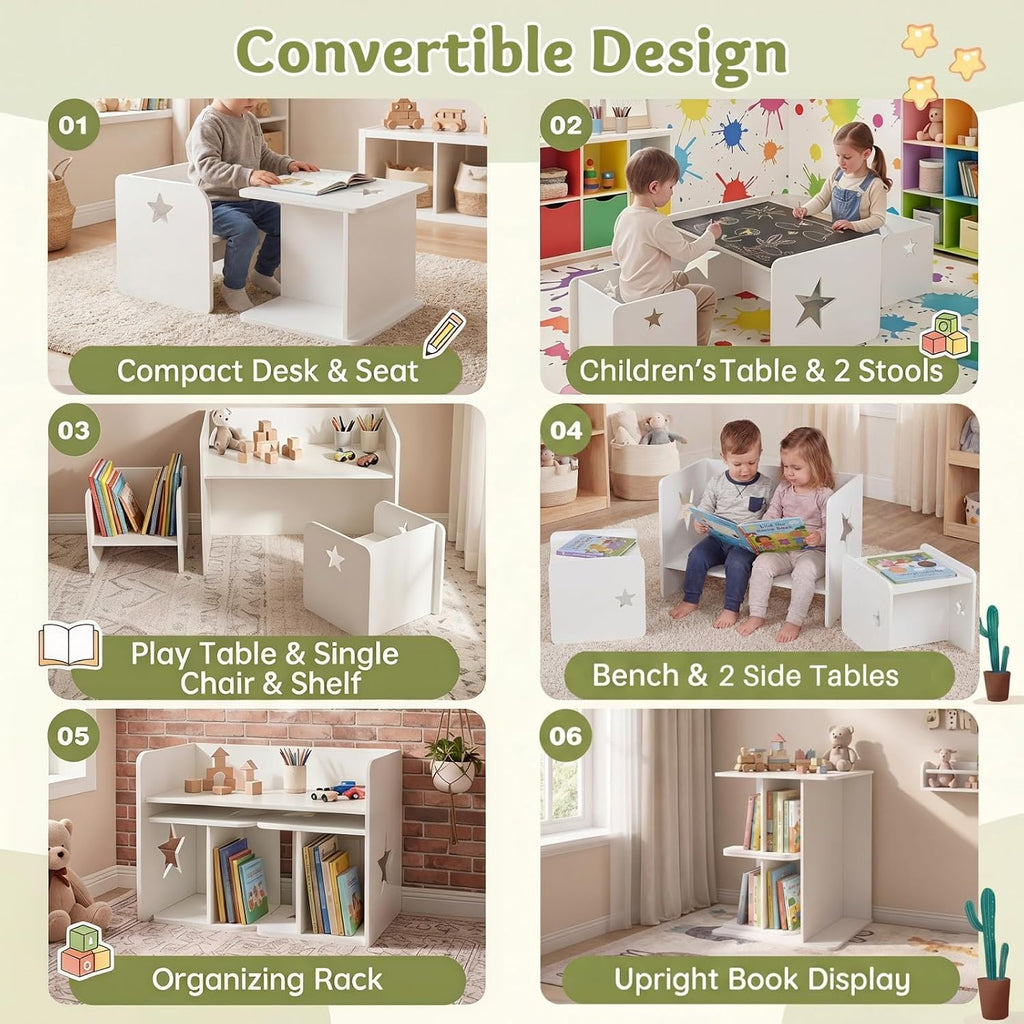 HONEY JOY Weaning Kids Table and Chair Set, Wooden Montessori Activity Table Set with Chalkboard & Reversible Tabletop, Sturdy Playroom Nursery Furniture for Ages 3+ Years Old (White, Star)