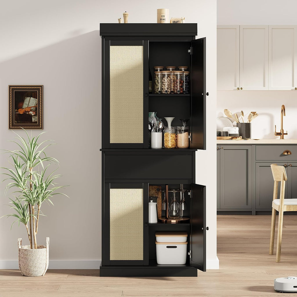69'' Tall Pantry Cabinet with Rattan Doors, Slim Kitchen Cabinet for Narrow Spaces, Black Wood Storage Shelves with Drawer and Adjustable Shelves for Dining Room