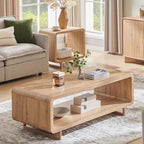 IFGET 48" Modern Coffee Table, 2-Tier Minimalist Center Table with Storage Shelf, Curved Profile Design, Wooden Rectangular Living Room Table w/Wood Thick Design for Living Room, Office, Natural Oak