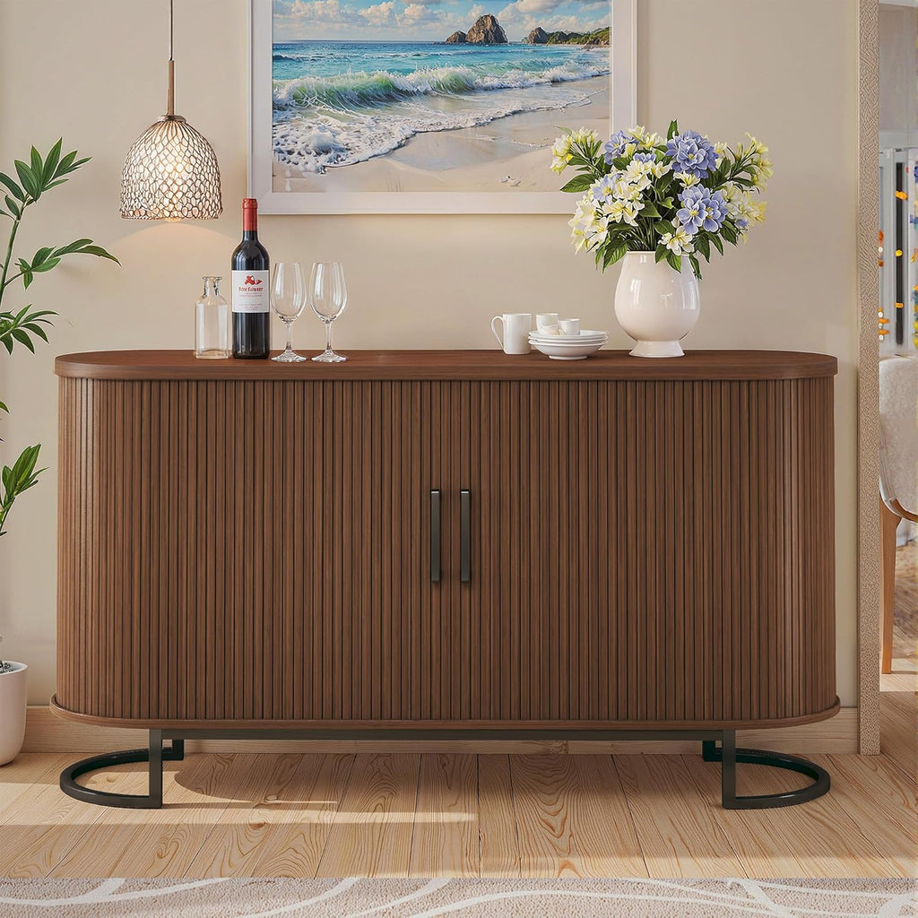 HUAHUU Sideboard Buffet Cabinet with Storage, 54.3" Storage Cabinet with Sliding Door & Adjustable Shelf, Mid Century Modern Coffee Bar Console Table for Kitchen, Entryway, Walnut