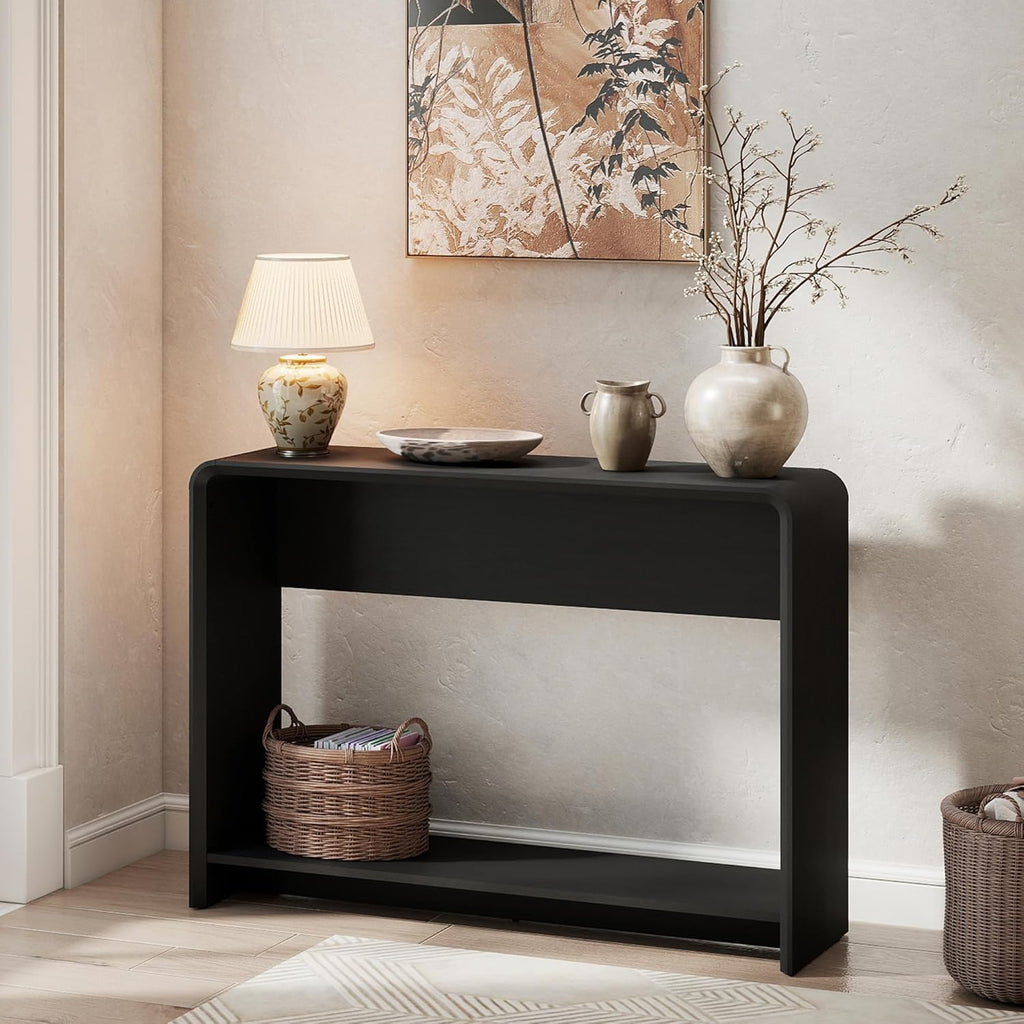 42.3" Modern U-Shaped Console Table, 11.5" Narrow Waterfall Entryway Table with Storage Shelf, Minimalist Sofa Table for Hallway & Living Room, Black Wood-Like Pattern Finish