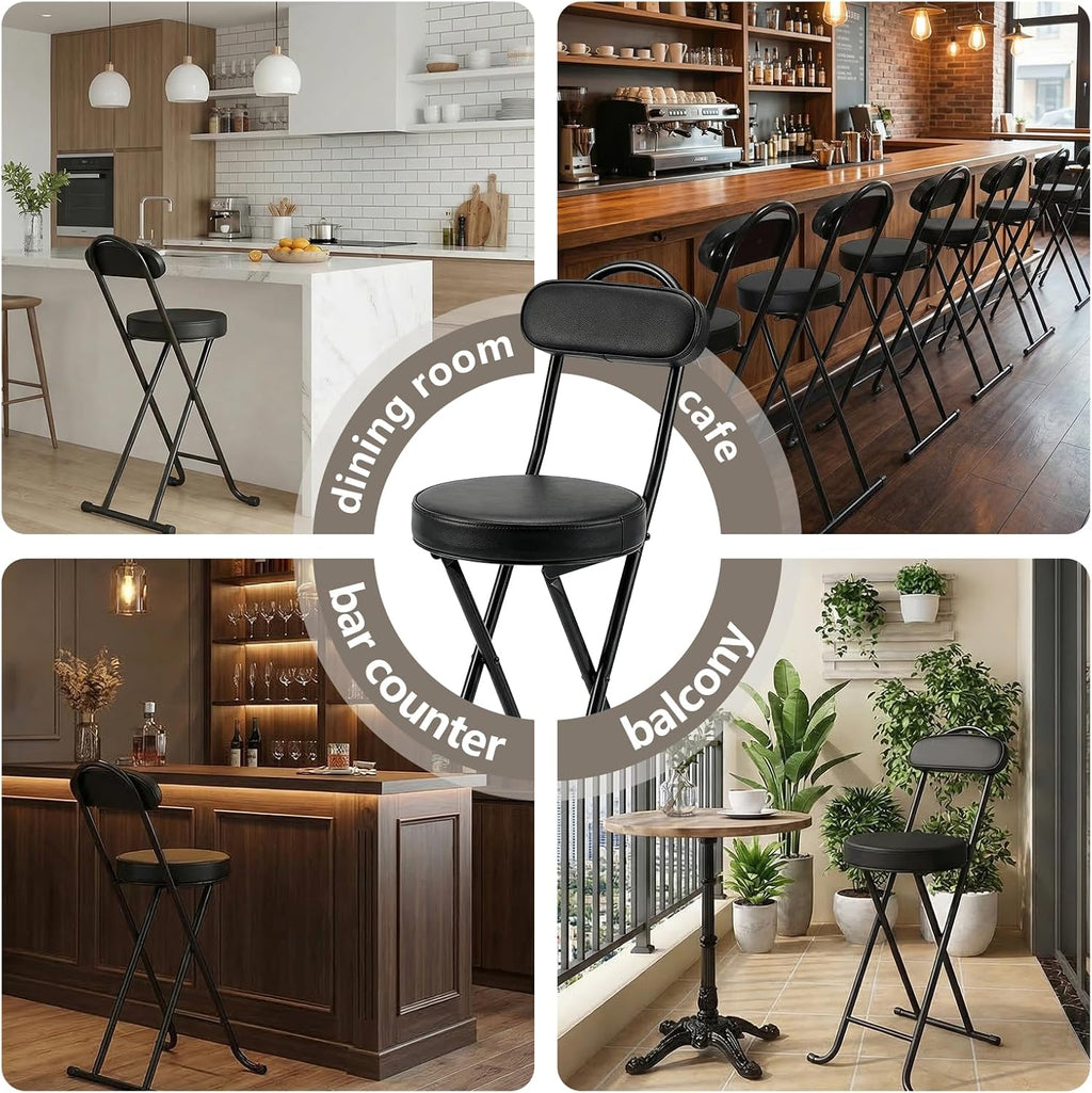 Folding Stool,24 Inch Portable Folding Bar Stool Chair with Backrest,Foldable Collapsible High Stools with Handle for Adults Kitchen Island,Black,1Pcs