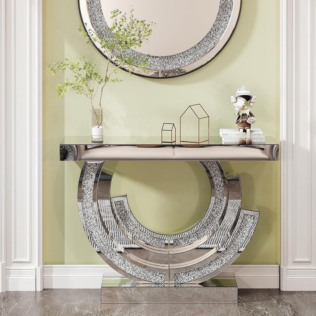 Silver Mirrored Console Table, 43" Modern Entryway Tables with Crushed Diamond lnlay, 3C-Shaped Luxury Mirrored Sofa Table Behind Couch Foyer Hallway Tables for Living Room Entrance
