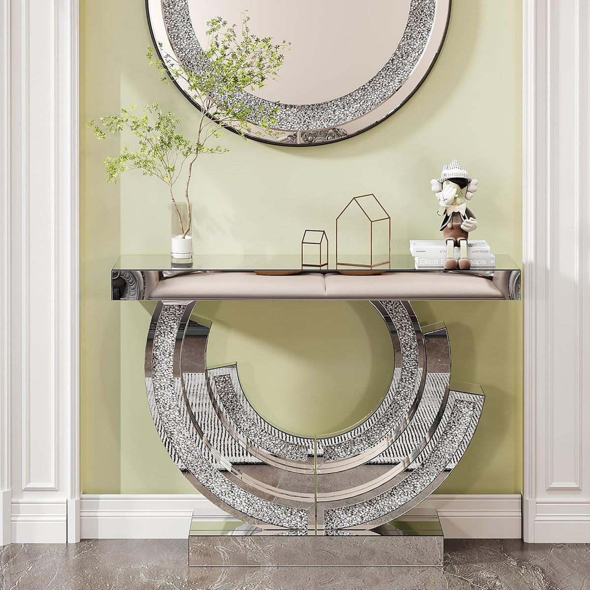 Silver Mirrored Console Table, 43" Modern Entryway Tables with Crushed Diamond lnlay, 3C-Shaped Luxury Mirrored Sofa Table Behind Couch Foyer Hallway Tables for Living Room Entrance