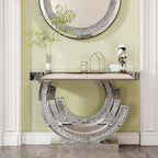 SSLine Mirror Console Table for Living Room 43" Modern Mirrored Entryway Table with Crystal 3-Ring Shape Base Luxury Silver Foyer Tables for Entryway Hallway