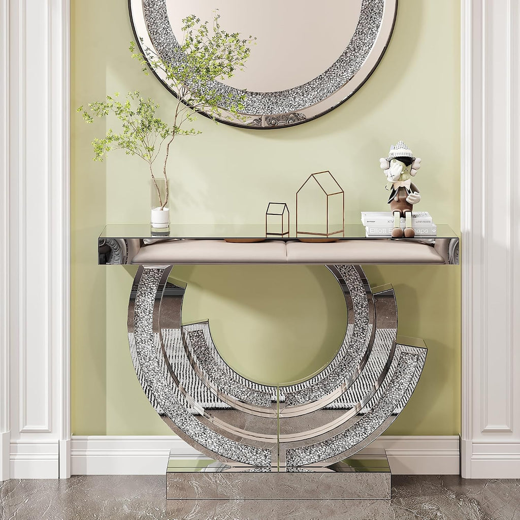 Silver Mirrored Console Table, 43" Modern Entryway Table with Crushed Diamond lnlay, 3C-Shaped Shiny Mirrored Sofa Table Behind Couch Foyer Hallway Tables for Living Room Entrance