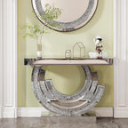 Silver Mirrored Console Table, 43" Modern Entryway Table with Crushed Diamond lnlay, 3C-Shaped Shiny Mirrored Sofa Table Behind Couch Foyer Hallway Tables for Living Room Entrance
