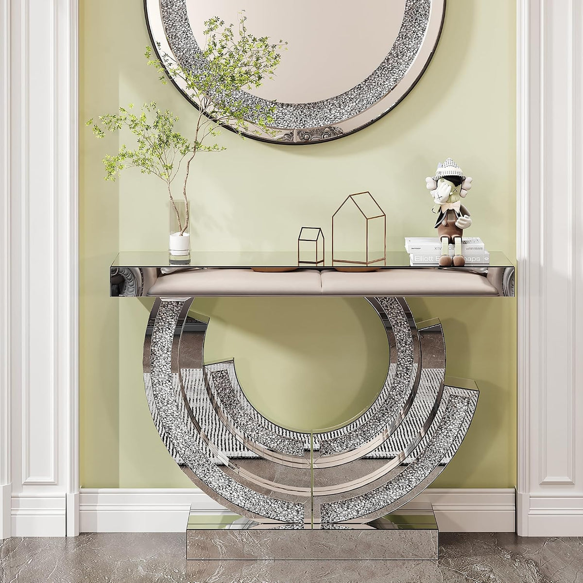 Silver Mirrored Console Table, 43" Modern Entryway Table with Crushed Diamond lnlay, 3C-Shaped Shiny Mirrored Sofa Table Behind Couch Foyer Hallway Tables for Living Room Entrance