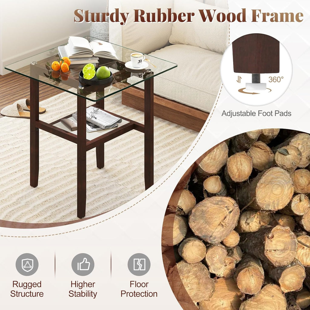 Tangkula 24" Square Glass Side Table, 2-Tier End Table with Storage Shelf & Rubber Wood Frame, Modern Accent Sofa Table for Living Room, Home, Office, Brown (1, Brown)