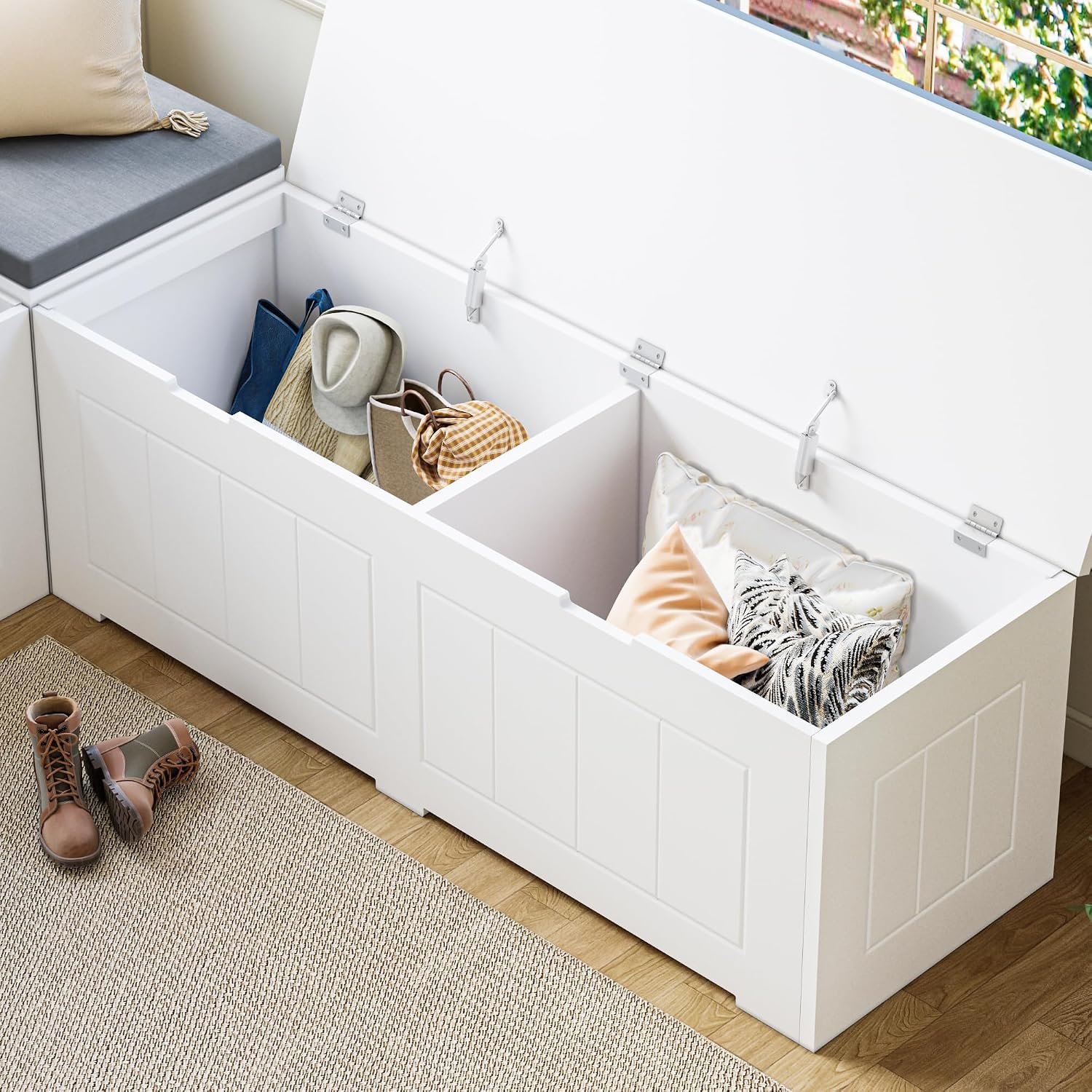 L-Shaped Corner Storage Bench Compartments & Cushioned Seat, Kitchen Breakfast Nook Bench with Hidden Storage, Wood Flip-Top Shoe Benches for Entryway Cloakroom, White & Grey