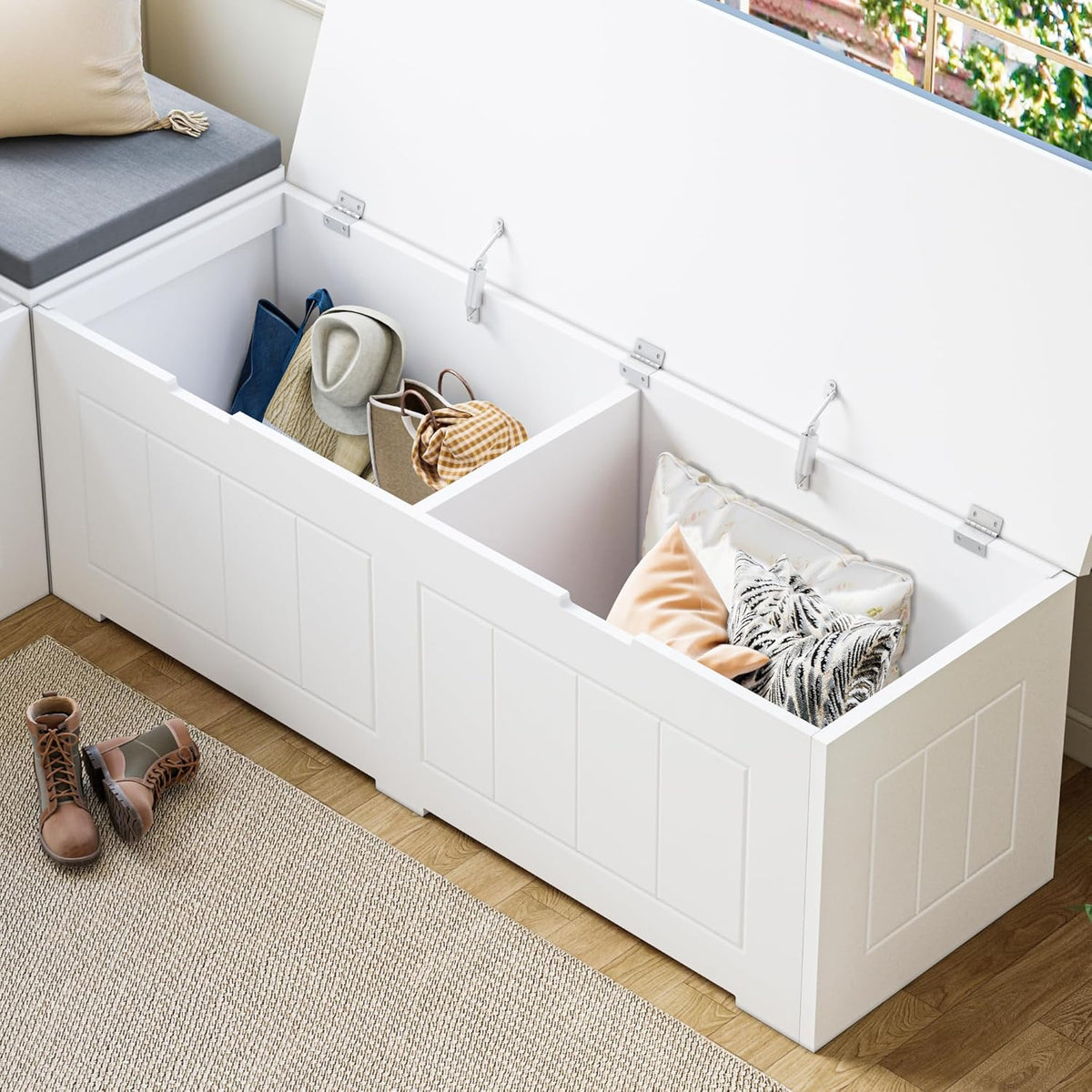 L Shaped Corner Storage Bench with Cushion,Modern Kitchen Breakfast Nook Bench with Storage,Flip-Top Shoe Storage Bench for Entryway,Hallway,Living Room,White