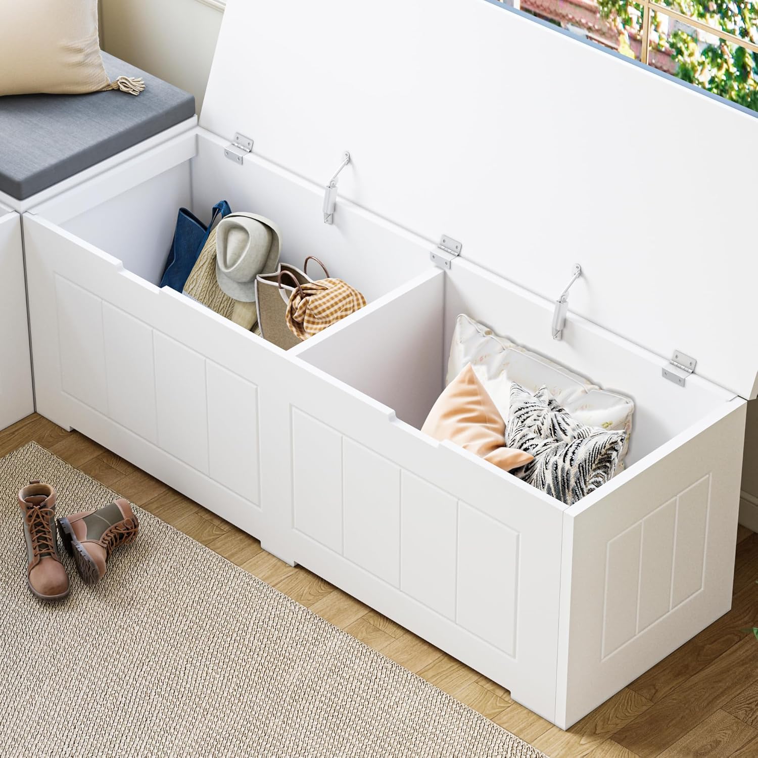 L Shape Corner Bench with Storage, Breakfast Nook Bench, Flip-Top Shoe Storage Benches with Cushion for Entryway, Hallway, Living Room, White & Grey
