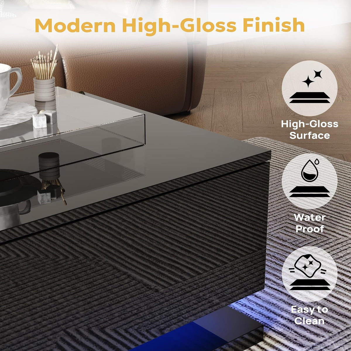 holzart Compact Low-Profile Coffee Table with LED Lights & Storage, 39.4" Small Black High Gloss Modern Center Table with Tempered Glass & Drawer for Small Spaces, Apartments & Gaming