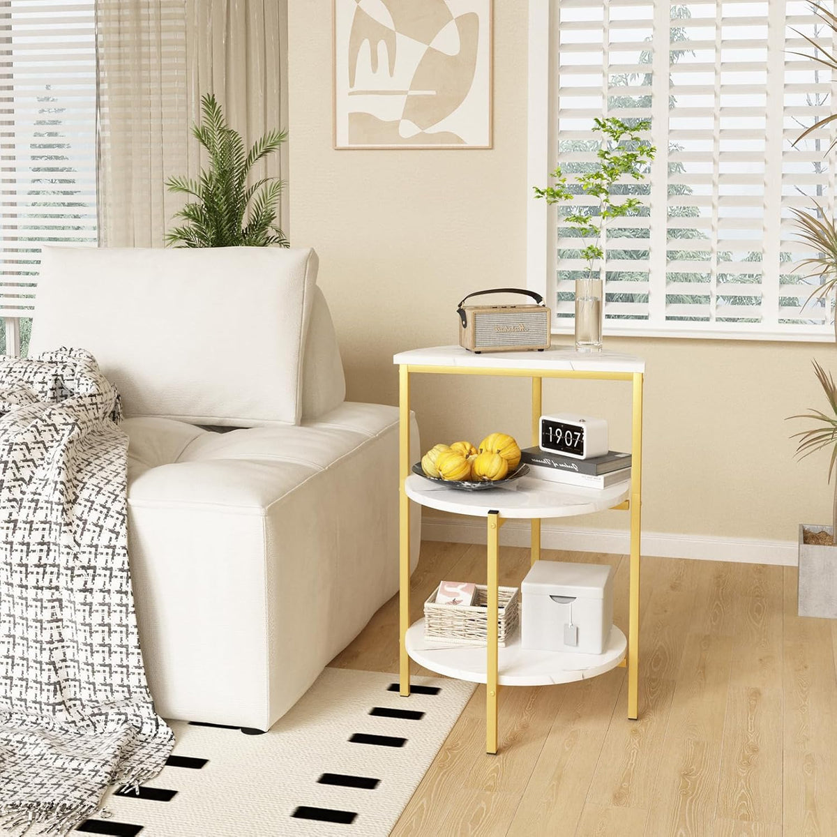 AWQM Marble Side End Table Set, 3-Tier Sofa Side Table, Small Round Coffee, Table Bedside Table of 2, Corner Table w/Metal Frame for Living Room Bedroom, White+Gold