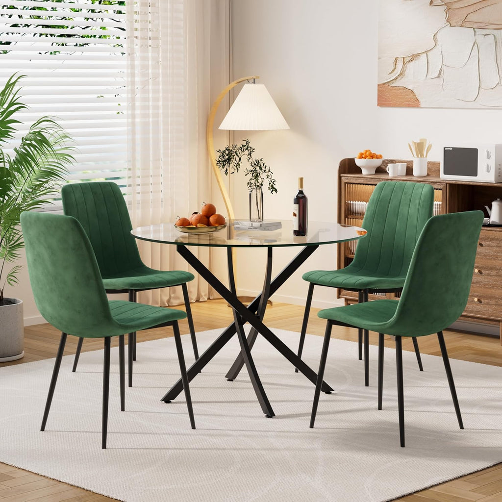 Modern Round Glass Dining Table Set for 4, 36'' Small Tempered Glass Tabletop Black Base with 4 Green Minimalism Dining Chairs, 5-Piece Clear Circle Dining Table Set(Easy Assemble)