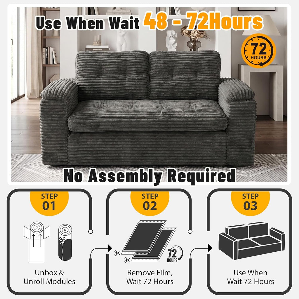 Loveseat Sofa for Living Room, Small Cloud Couch with Double-Density Foam Support, Removable Washable Corduroy Cover & 4 Pillows, Comfy Floor Sofa, Compact Couch for Small Spaces, Dark Grey