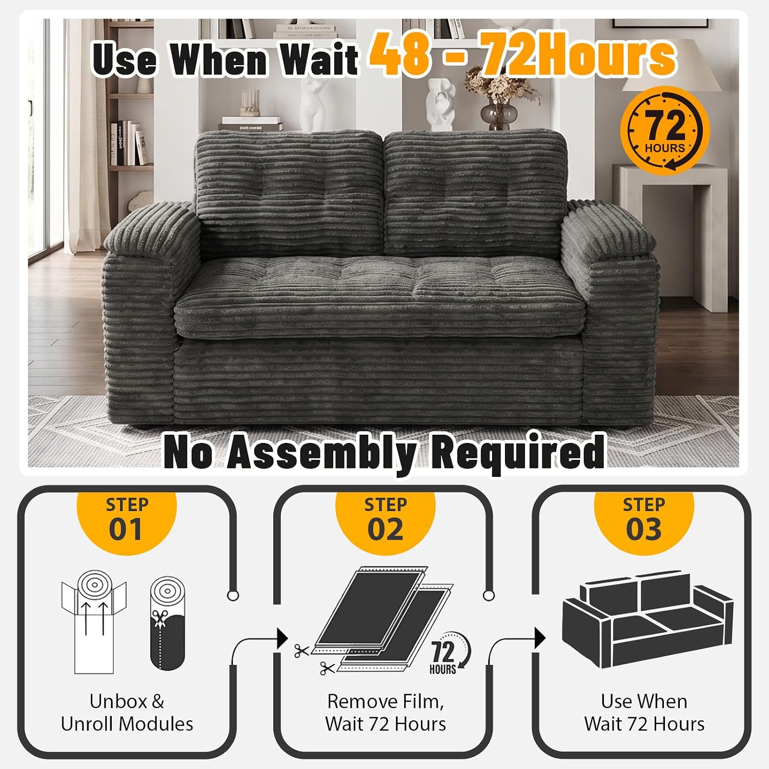 Loveseat Sofa for Living Room, Small Cloud Couch with Double-Density Foam Support, Removable Washable Corduroy Cover & 4 Pillows, Comfy Floor Sofa, Compact Couch for Small Spaces, Dark Grey