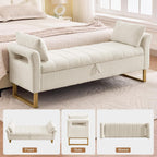 66" King Size Storage Bench for Bedroom End of Bed Benches with Storage | Bedroom Benches for Foot of Bed King with Gold Legs,2 Pillows,Storage Ottoman Bench for Bedroom,Entryway Teddy Ivory White