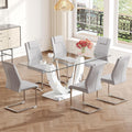 Modern Faux Marble Dining Table Set for 6, 63" Rectangular Kitchen Table with Elegant U-Shaped Pedestal Base and 6 Sleek Cantilever Chairs, Contemporary 7-Piece Dining Room Furniture Set