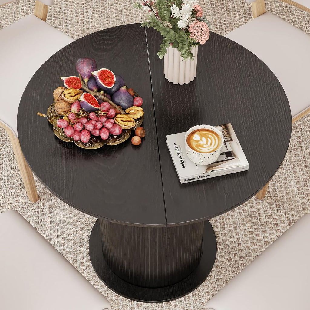 Round Dining Table with Storage,31.5" Modern Storage Kitchen Table for 2-4 People with Curved Sliding Door Fluted Wood Thickened Tabletop for Dining Room/Kitchen/Living Room,Black