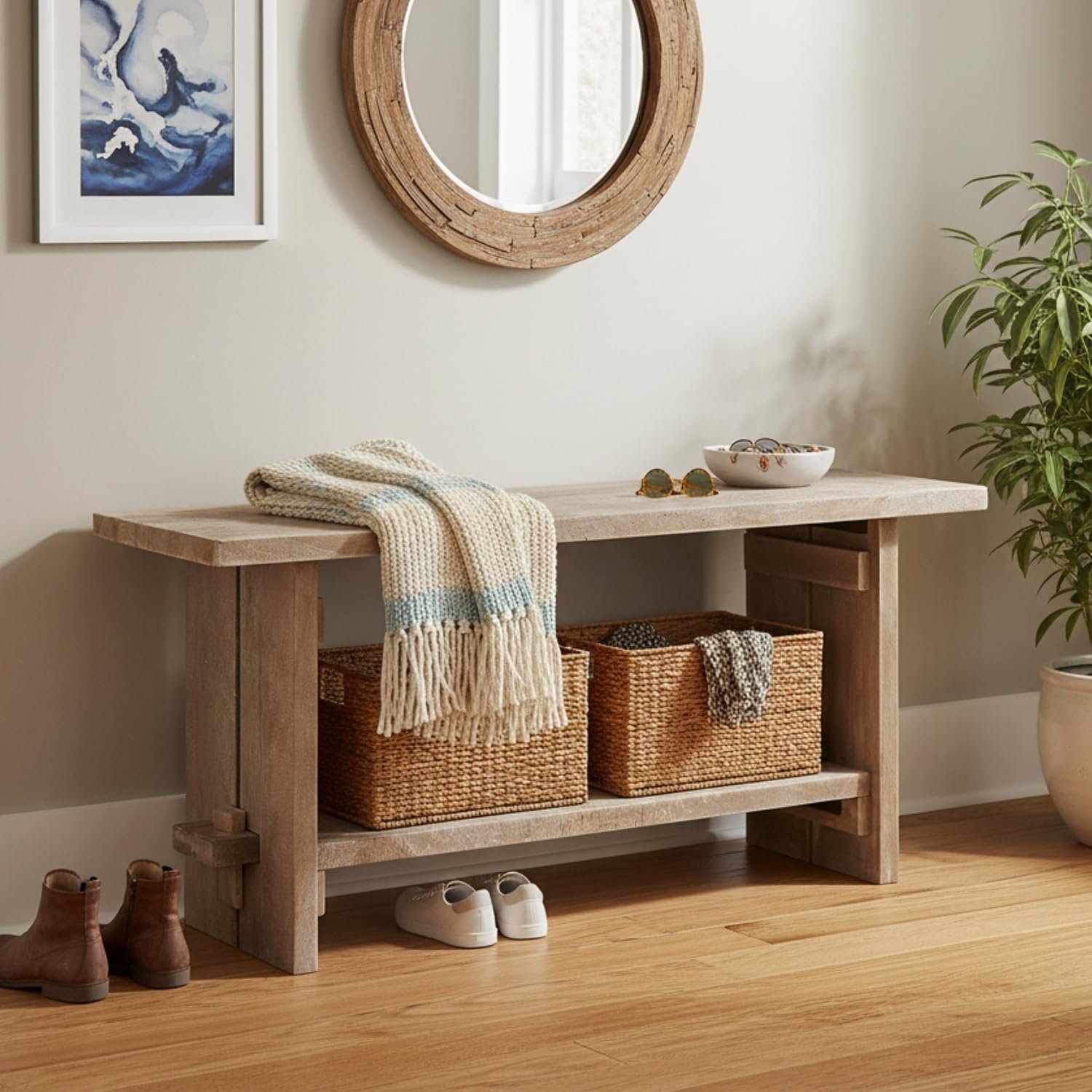 Alaterre Furniture Bethel Entryway Bench with Storage Shelf – Rustic Farmhouse 40-Inch Solid Acacia Wood Seat for Mudroom, Foyer or Hallway (Driftwood Finish)