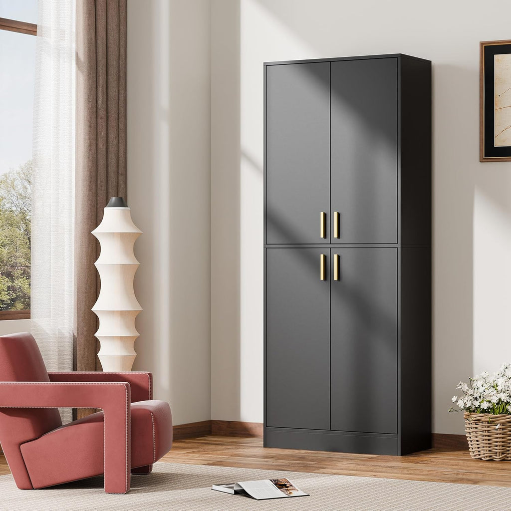 Cozy Castle Kitchen Pantry Cabinet, 71" Tall Wood Storage Cabinet with Doors and Shelves 4 Doors Freestanding Cupboard for Dining Room Living Room Furniture, Black | Wood Storage Cabinet