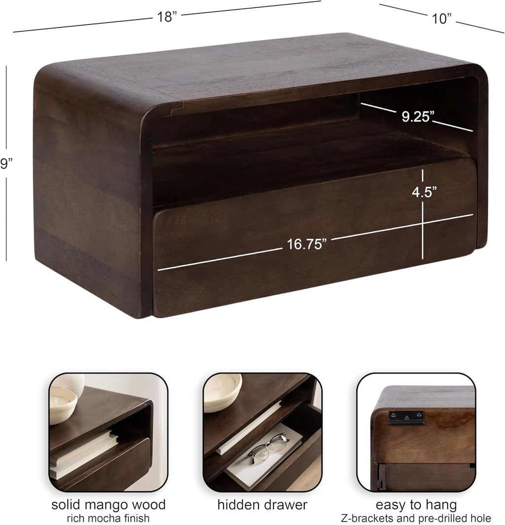Kate and Laurel Kato Modern Mango Wood Floating Side Table with Drawer, 18 x 10 x 9, Dark Brown, Contemporary Wooden Floating Nightstand for Bedroom Bedside Table or Living Room Wall Storage