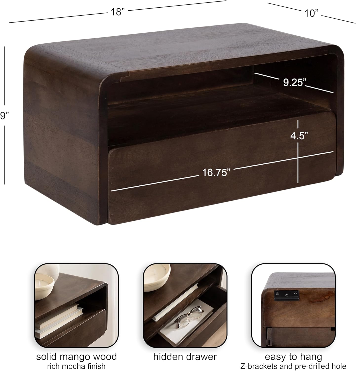 Kate and Laurel Kato Modern Mango Wood Floating Side Table with Drawer, 18 x 10 x 9, Dark Brown, Contemporary Wooden Floating Nightstand for Bedroom Bedside Table or Living Room Wall Storage