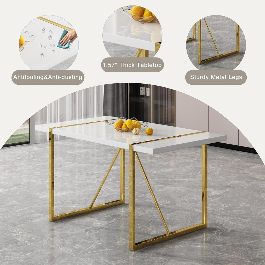 55" White Dining Table Set for 4, Modern Dining Table Set for 4, White Glossy Table with White Faux Leather Chairs, Gold Metal Frame Breakfast Table Set for 4 Ideal for Dining Room,Small Space