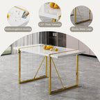 55" White Dining Table Set for 4, Modern Dining Table Set for 4, White Glossy Table with White Faux Leather Chairs, Gold Metal Frame Breakfast Table Set for 4 Ideal for Dining Room,Small Space