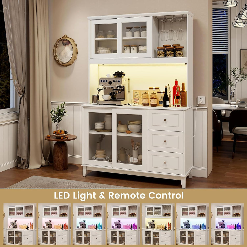 73” Kitchen Pantry Storage Cabinet w/Power Outlets & Led Lights | Tall Cupboard w/ Hutch, Wine Glass Racks, Adjustable Shelves, Drawers, Microwave Shelf for Dining Room (Espresso)