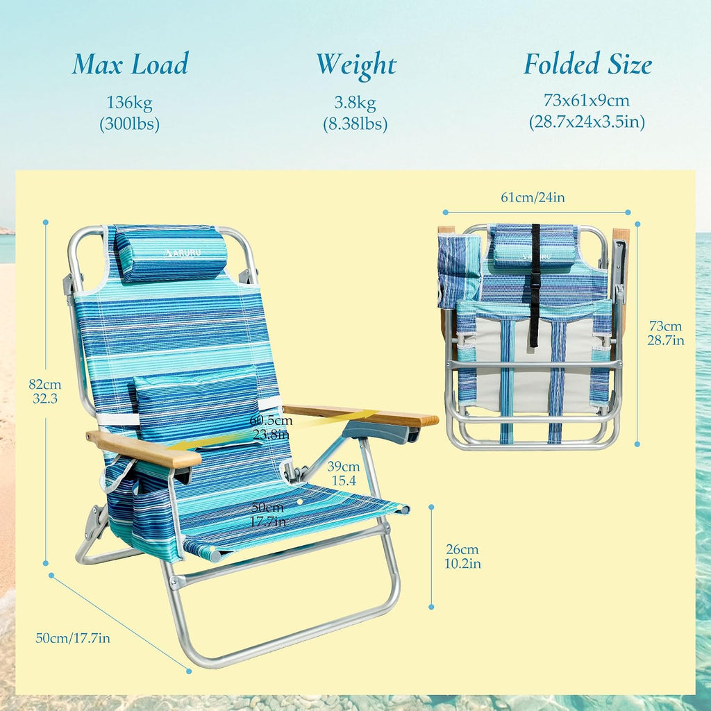 Beach Chairs for Adults, Portable Folding Backpack Beach Chair Heavy Duty 5-Position Lay Flat with Cooler Bag, Cup Holder for Outdoor/Lawn/Trip/Picnic/Fishing/Camping