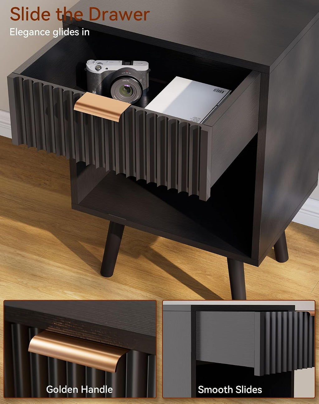 YMYNY Mid Century Modern Nightstand Set of 2, Side Table with Fluted Drawer, Open Shelf Unit, Golden Handle, Solid Wood Legs, Bedside Table, for Bedroom, Black UHST013B-2