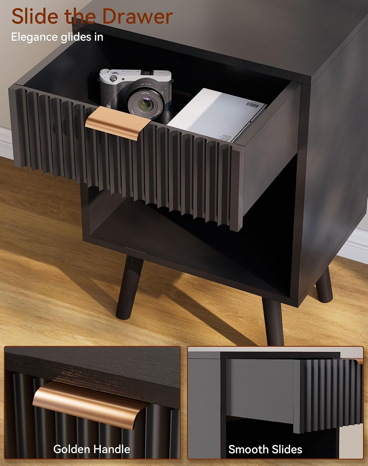 YMYNY Mid Century Modern Nightstand Set of 2, Side Table with Fluted Drawer, Open Shelf Unit, Golden Handle, Solid Wood Legs, Bedside Table, for Bedroom, Black UHST013B-2